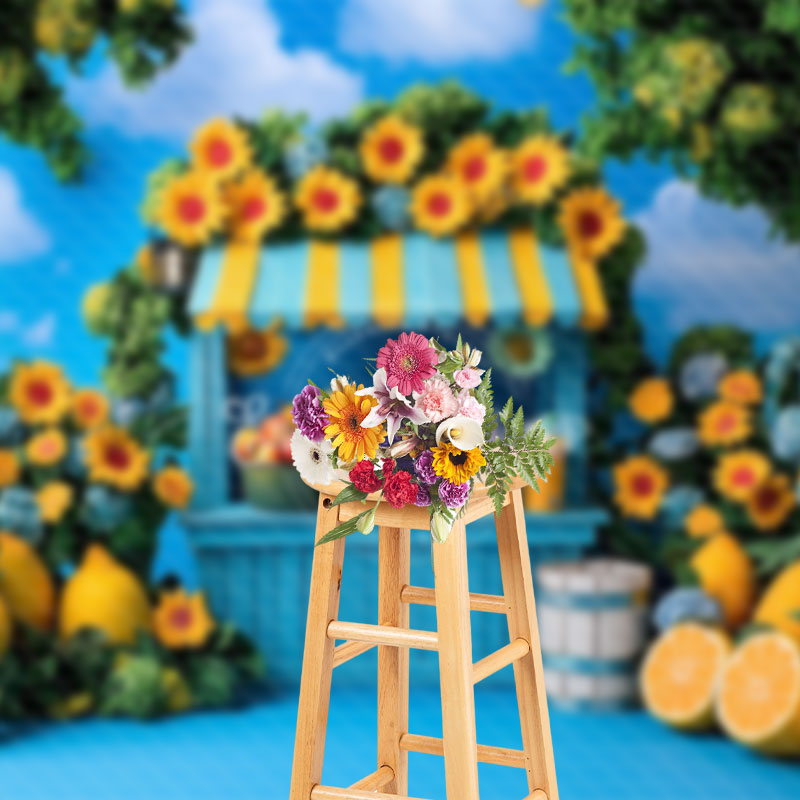 Aperturee - Aperturee Greenery Floral Lemonade Stand Summer Photo Backdrop