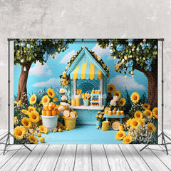 Aperturee - Aperturee Blue Sky Lemonade Stand Floral Summer Photo Backdrop