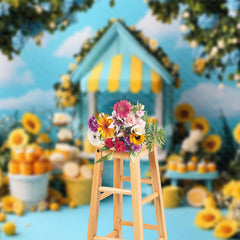 Aperturee - Aperturee Blue Sky Lemonade Stand Floral Summer Photo Backdrop