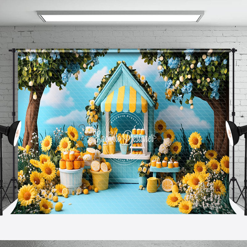 Aperturee - Aperturee Blue Sky Lemonade Stand Floral Summer Photo Backdrop