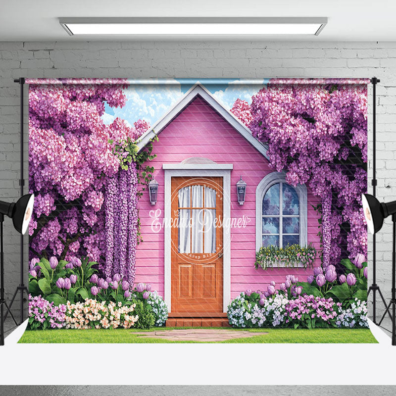 Aperturee - Aperturee Spring Purple Floral Garden Cabin Room Set Backdrop