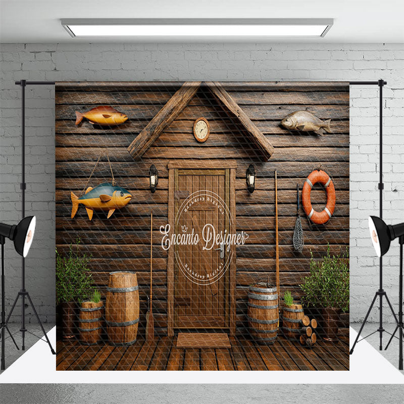 Aperturee - Aperturee Brown Retro Wooden Fishing Cabin Room Set Backdrop