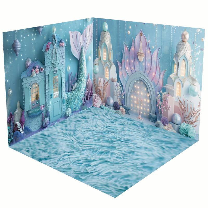 Aperturee - Aperturee Blue Undersea Mermaid Cake Smash Room Set Backdrop