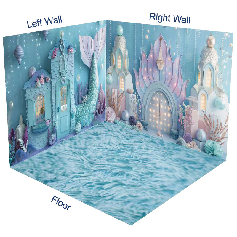 Aperturee - Aperturee Blue Undersea Mermaid Cake Smash Room Set Backdrop