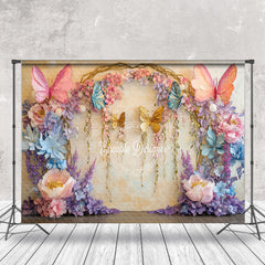 Aperturee - Aperturee Beige Retro Wall Floral Butterfly Photo Backdrop