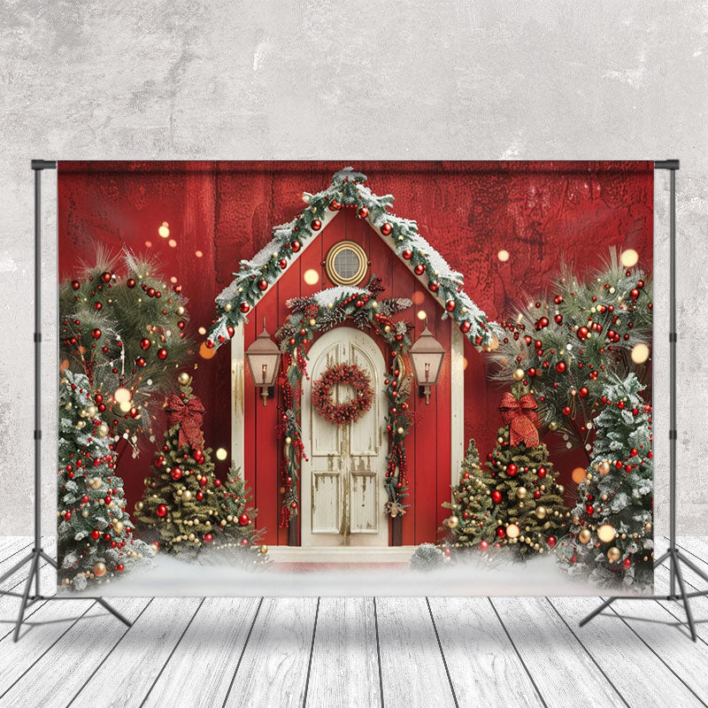 Aperturee - Red White Retro Wooden Door Trees Christmas Backdrop