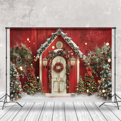 Aperturee - Red White Retro Wooden Door Trees Christmas Backdrop