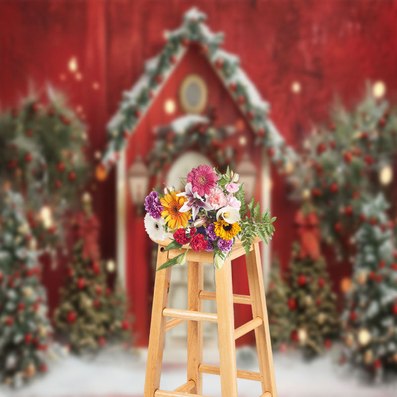 Aperturee - Red White Retro Wooden Door Trees Christmas Backdrop