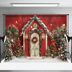 Aperturee - Red White Retro Wooden Door Trees Christmas Backdrop