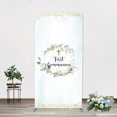 Aperturee - White Blue Leaves Gold Cross Arch Baptism Backdrop