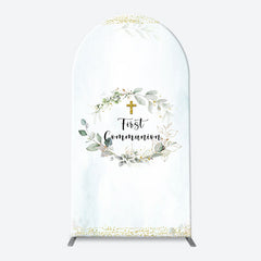 Aperturee - White Blue Leaves Gold Cross Arch Baptism Backdrop