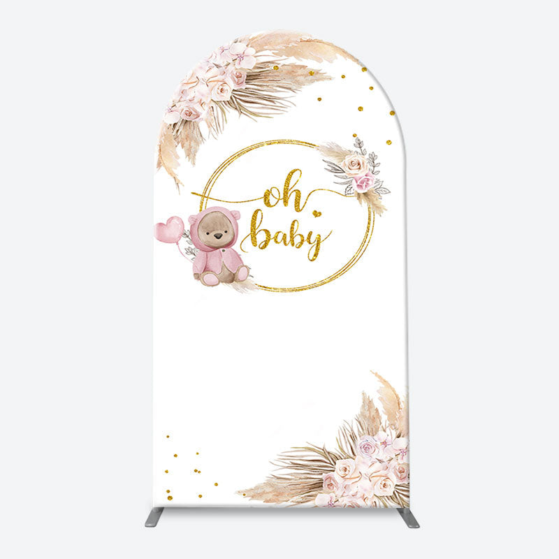 Aperturee - Teddy Bear Boho Floral Gold Oh Baby Arch Backdrop