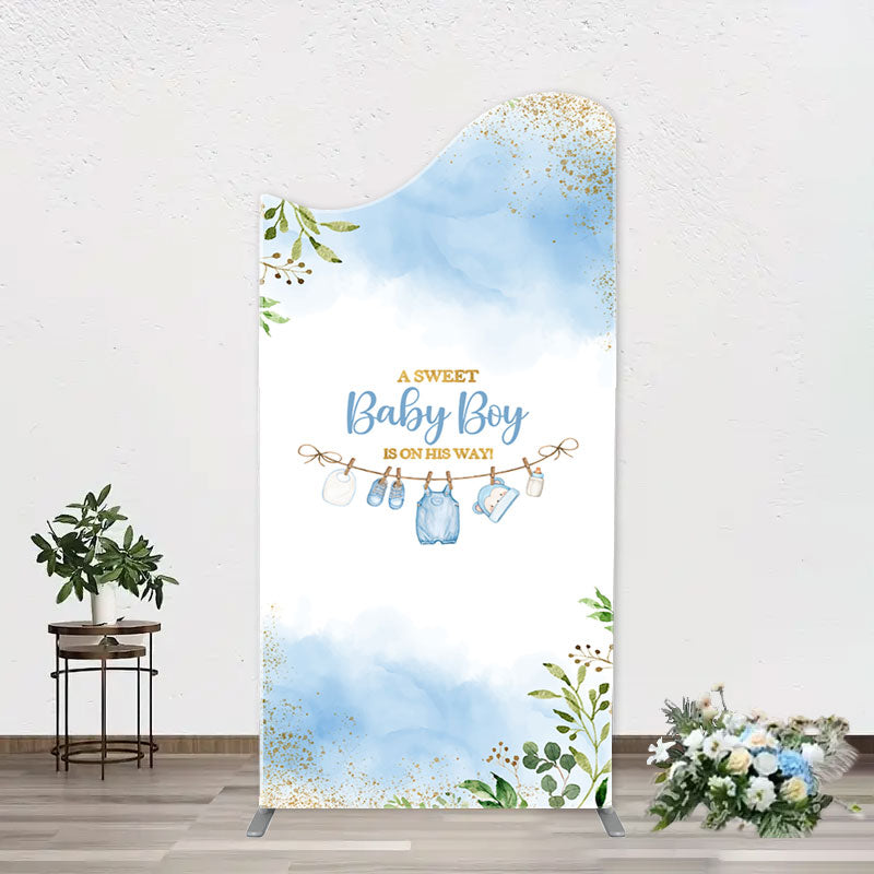 Aperturee - White Blue Spring Leaf Sweet Baby Boy Arch Backdrop