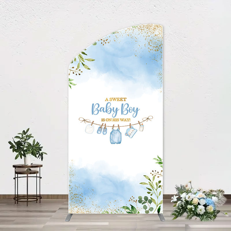 Aperturee - White Blue Spring Leaf Sweet Baby Boy Arch Backdrop