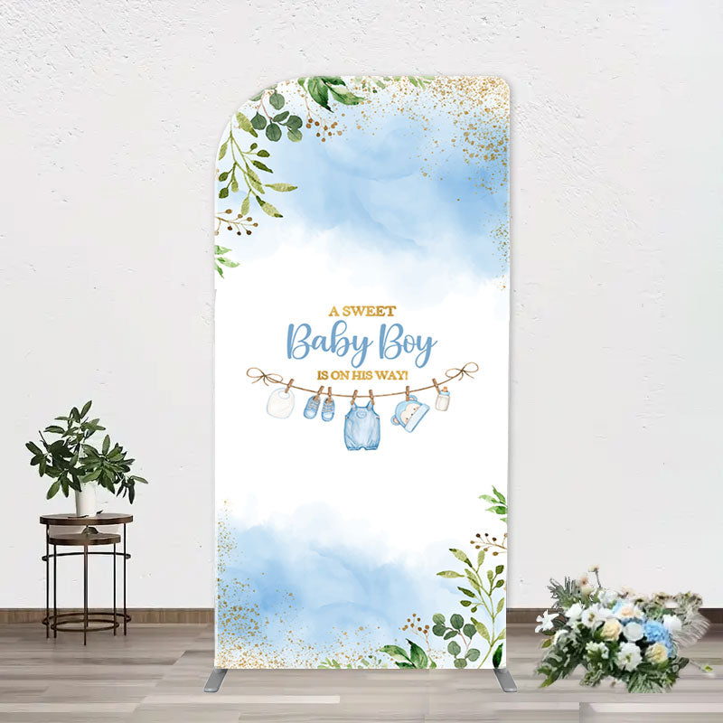 Aperturee - White Blue Spring Leaf Sweet Baby Boy Arch Backdrop