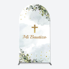 Aperturee - Mi Bautizo Gold Cross Leaves Arch Baptism Backdrop