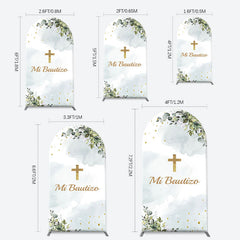 Aperturee - Mi Bautizo Gold Cross Leaves Arch Baptism Backdrop