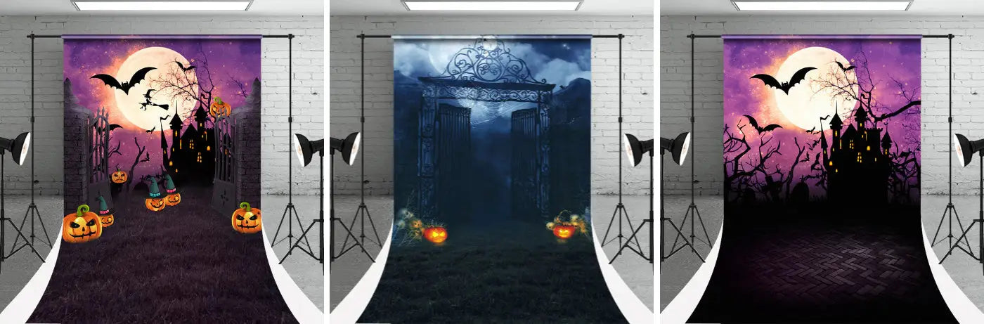 Moon Castle Pumpkin Halloween Photo Sweep Backdrop - Aperturee