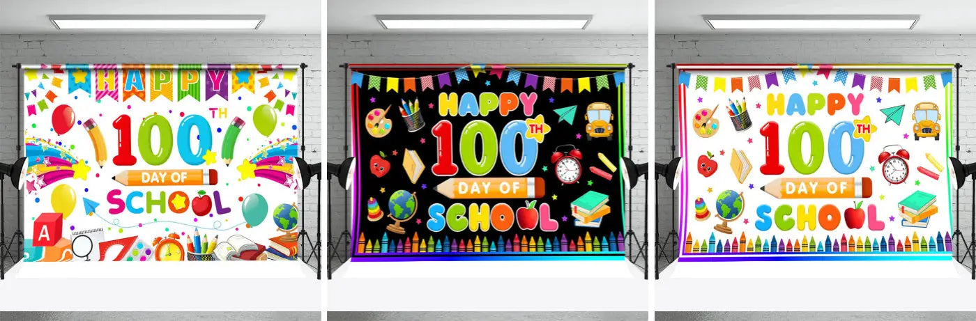 Colorful Stationery 100th Day Of School Backdrop - Aperturee