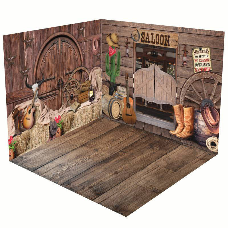 Aperturee - Aperturee Western Cowboy Saloon Wooden House Room Set Backdrop