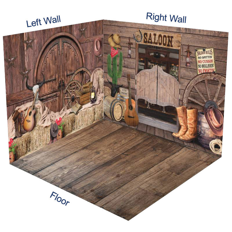 Aperturee - Aperturee Western Cowboy Saloon Wooden House Room Set Backdrop