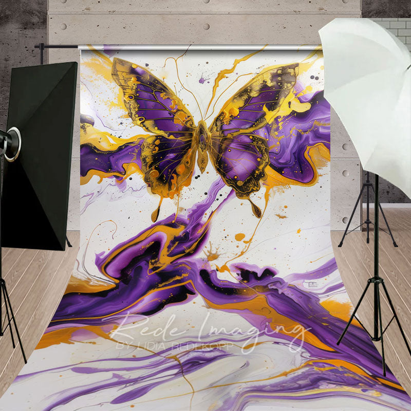 Aperturee - Aperturee Artistic Purple Gold Abstract Butterfly Sweep Backdrop