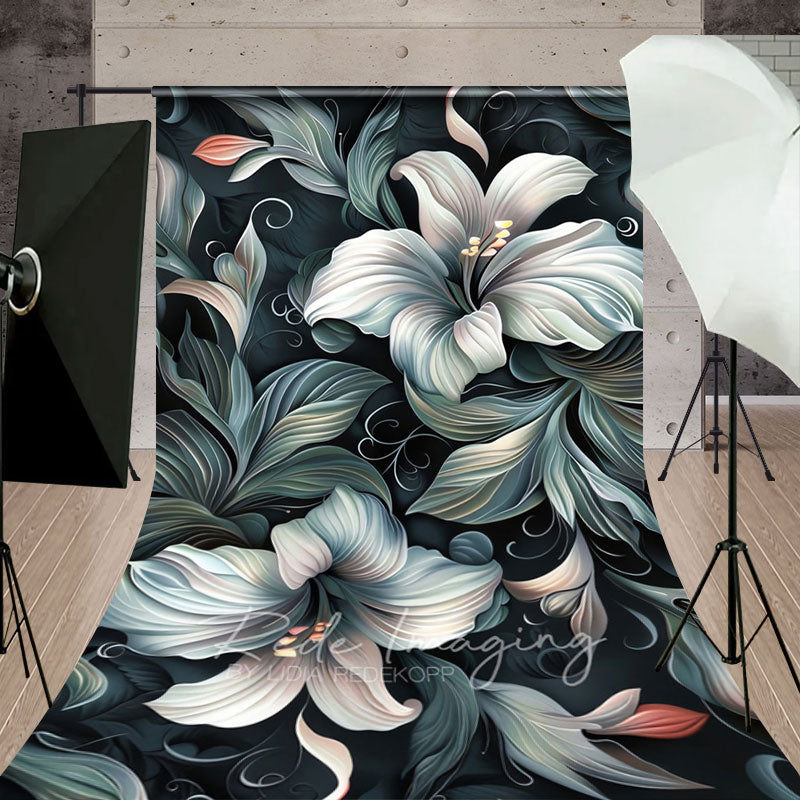 Aperturee - Aperturee Green White Funky Floral Fine Art Sweep Backdrop