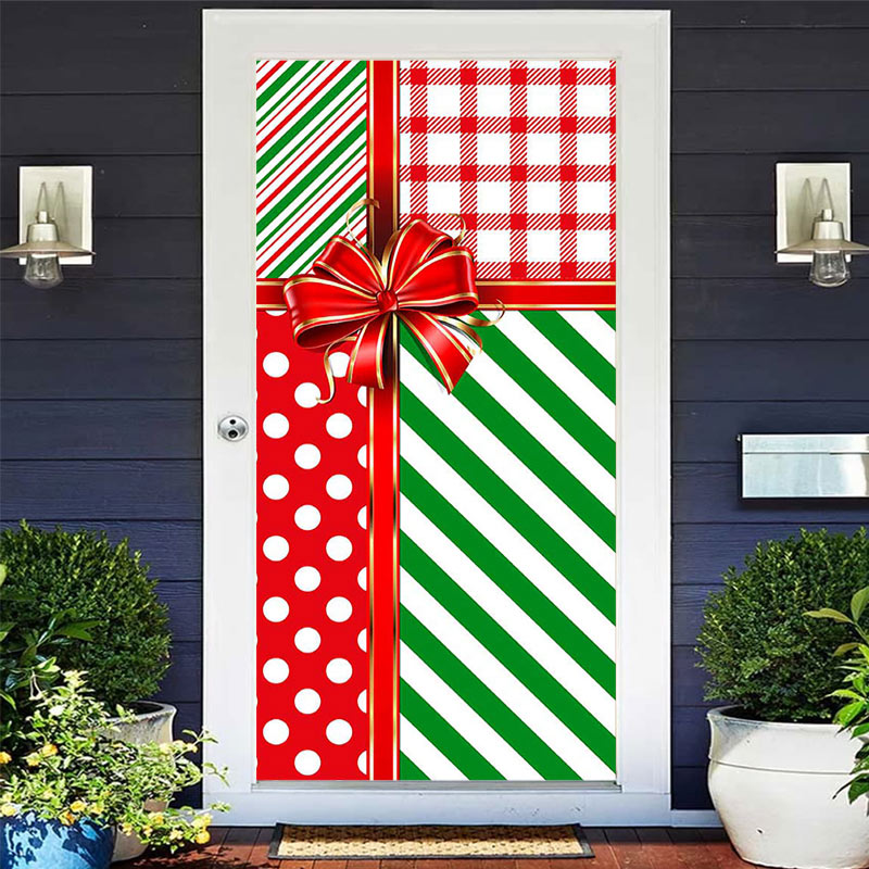 Aperturee - Red Green Stripe Gifts Bow Tie Christmas Door Cover