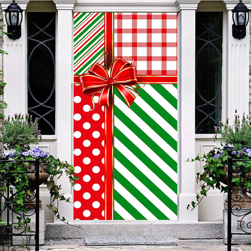 Aperturee - Red Green Stripe Gifts Bow Tie Christmas Door Cover