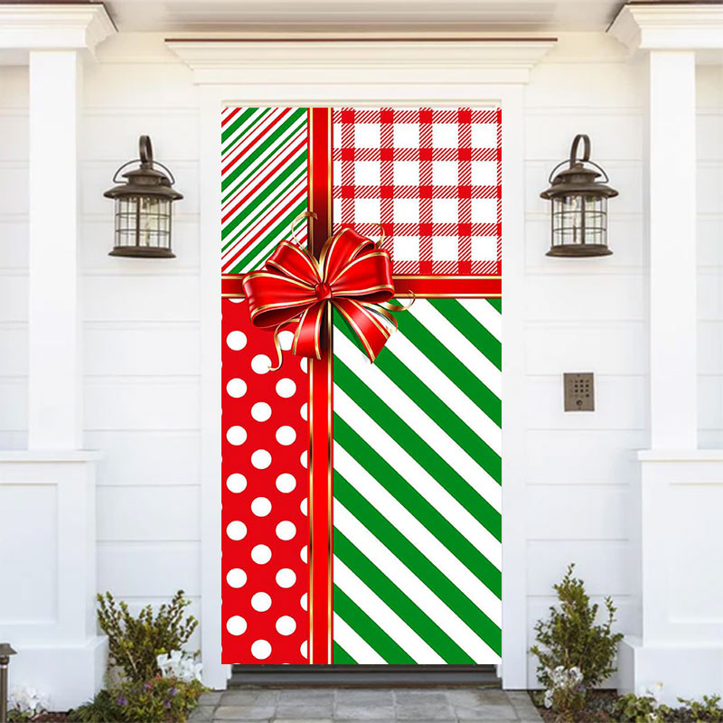 Aperturee - Red Green Stripe Gifts Bow Tie Christmas Door Cover