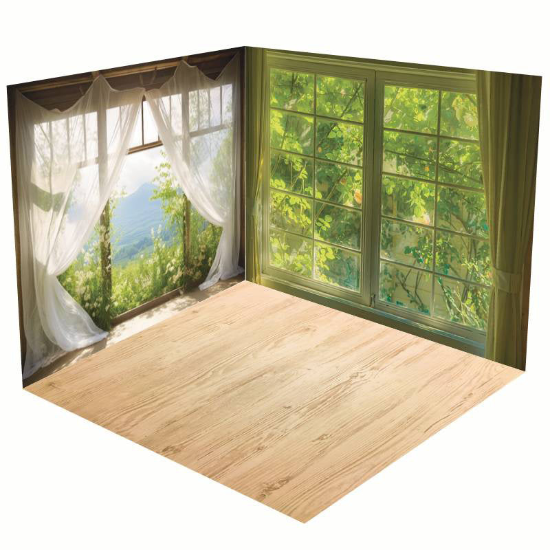 Aperturee - Aperturee Spring Greenery Window Scenery Room Set Backdrop