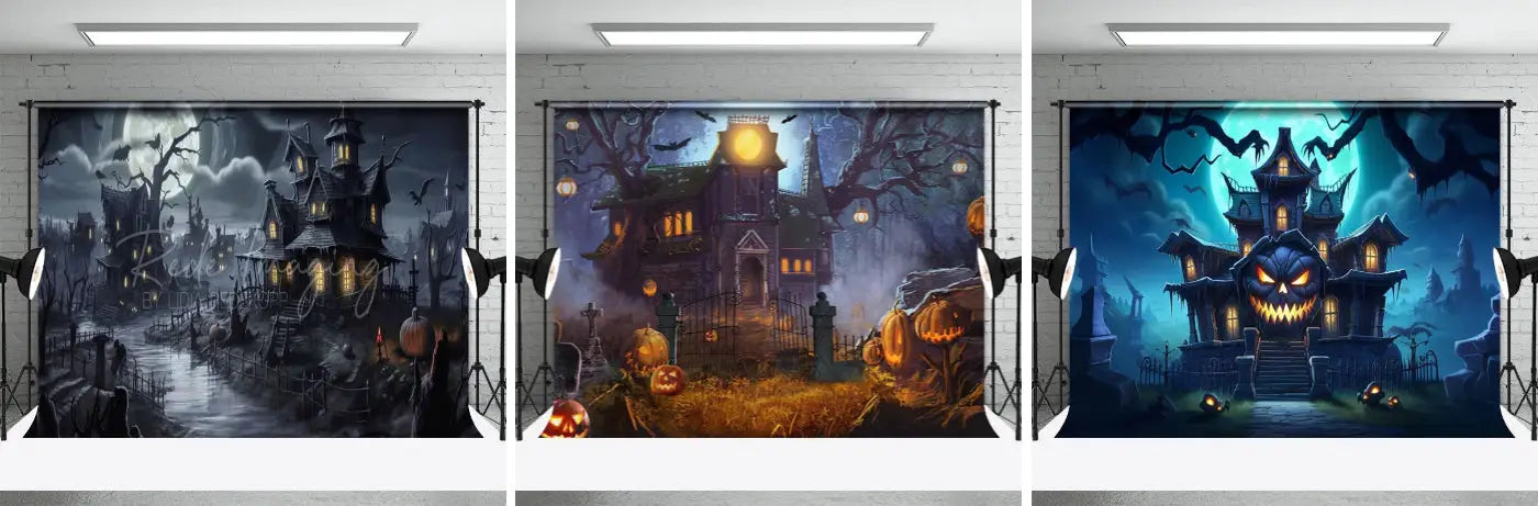 Moon Black Haunted House Halloween Portrait Backdrop - Aperturee