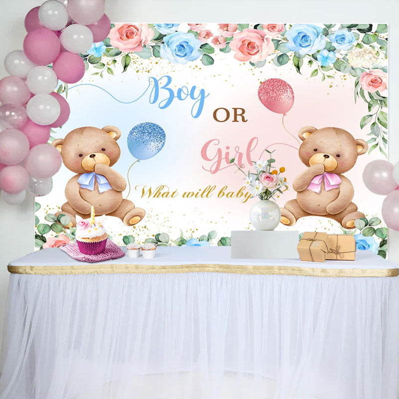 Aperturee - Pink Blue Floral Teddy Bear Gender Reveal Backdrop