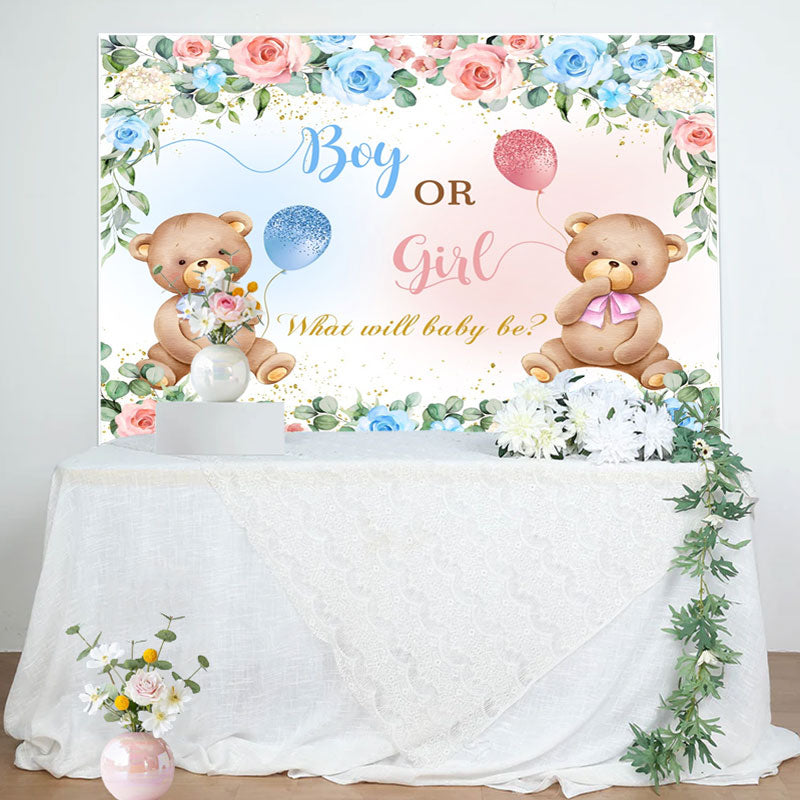 Aperturee - Pink Blue Floral Teddy Bear Gender Reveal Backdrop