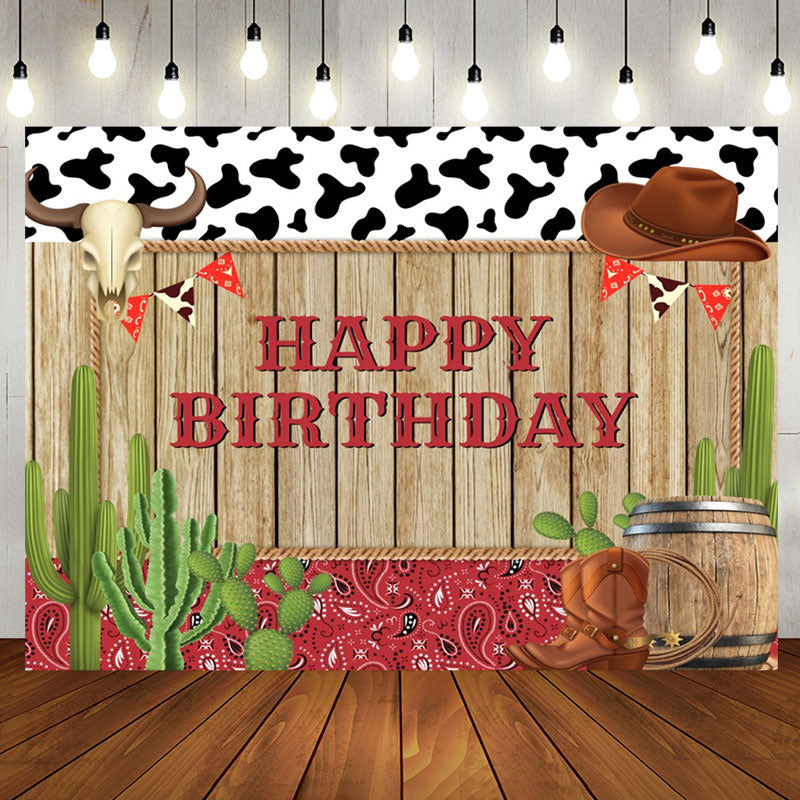 Aperturee - Cowboy Wood Cactus Brown Cap Boots Birthday Backdrop