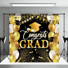 Aperturee - Grad Gold Black Balloons Glitter Graduation Backdrop