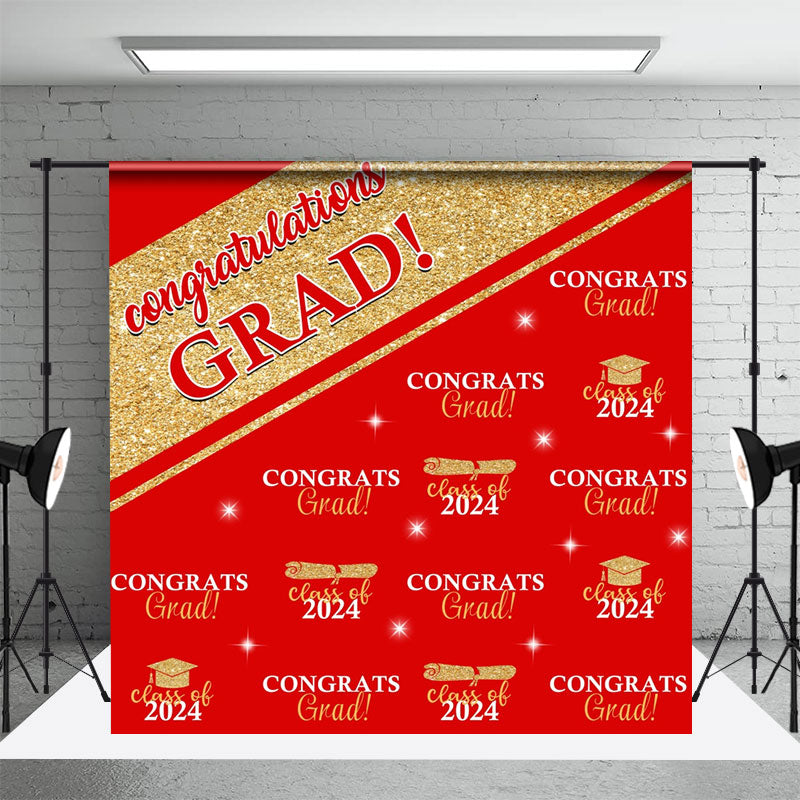 Aperturee - Red Golden Congrats Grad Repeat Graduation Backdrop