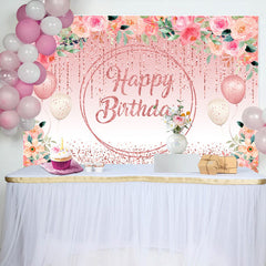 Aperturee - Pink Floral Glitter Tassels Leaves Birthday Backdrop