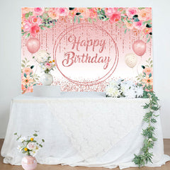 Aperturee - Pink Floral Glitter Tassels Leaves Birthday Backdrop