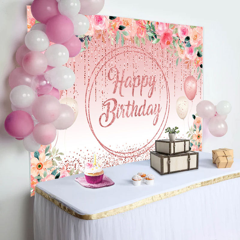 Aperturee - Pink Floral Glitter Tassels Leaves Birthday Backdrop