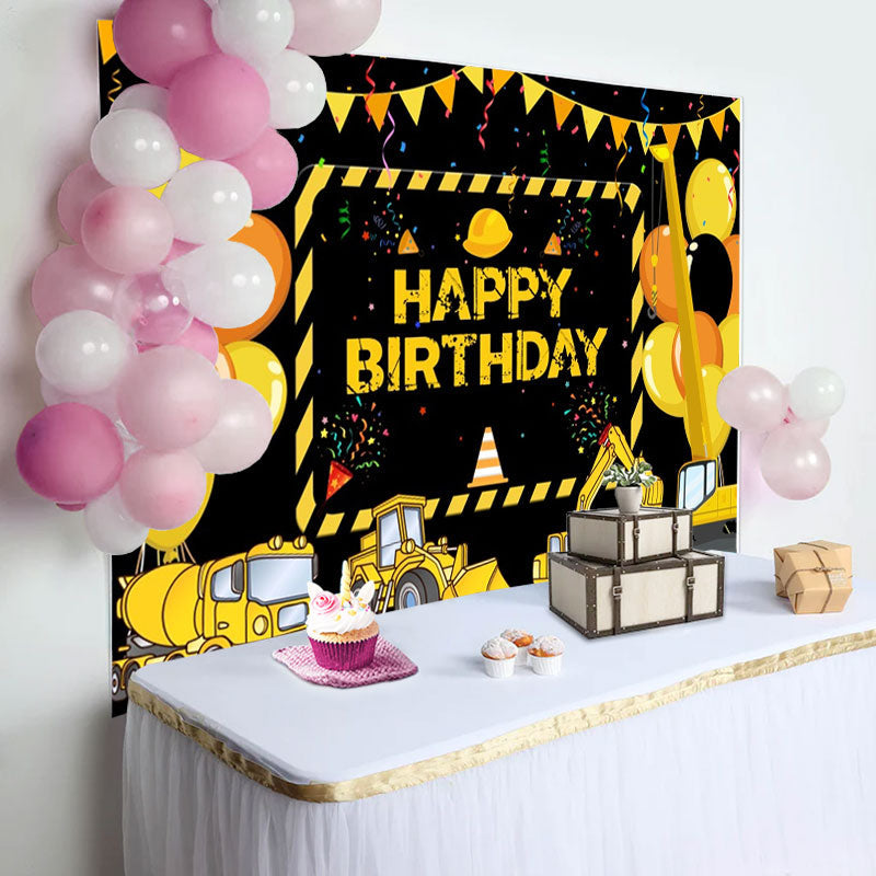 Aperturee - Yellow Truck Balloons Ribbons Birthday Backdrop