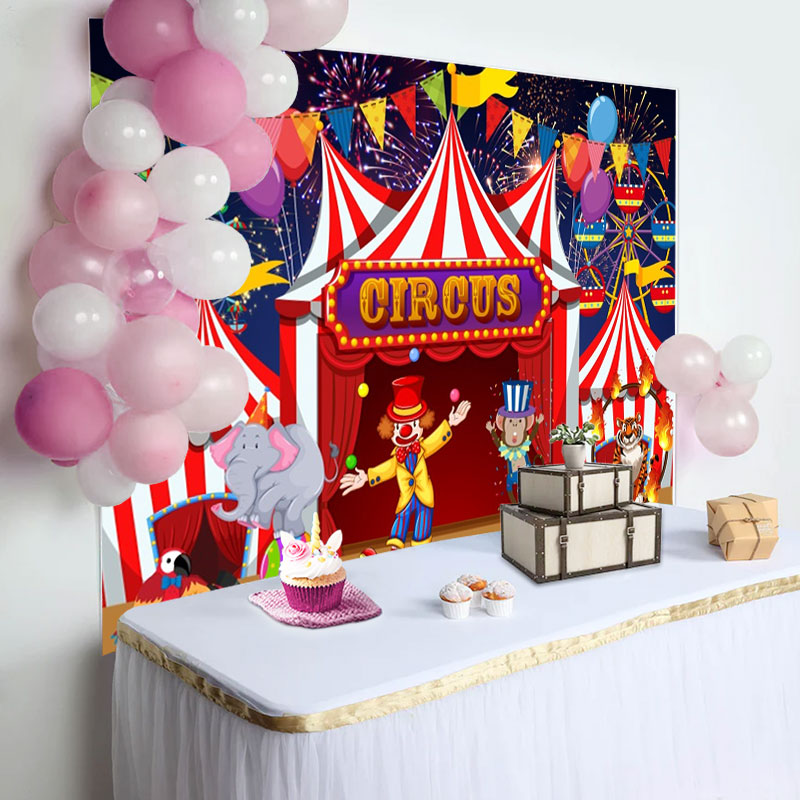 Aperturee - Red Circus Clowns Animals Balloon Birthday Backdrop