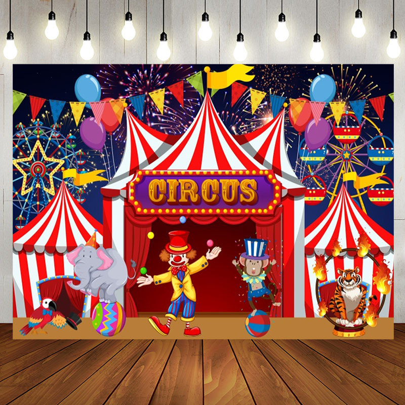 Aperturee - Red Circus Clowns Animals Balloon Birthday Backdrop