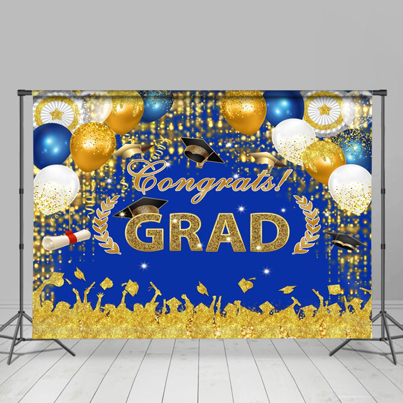 Aperturee - Gold Shadow Blue Sparkle Balloon Graduation Backdrop