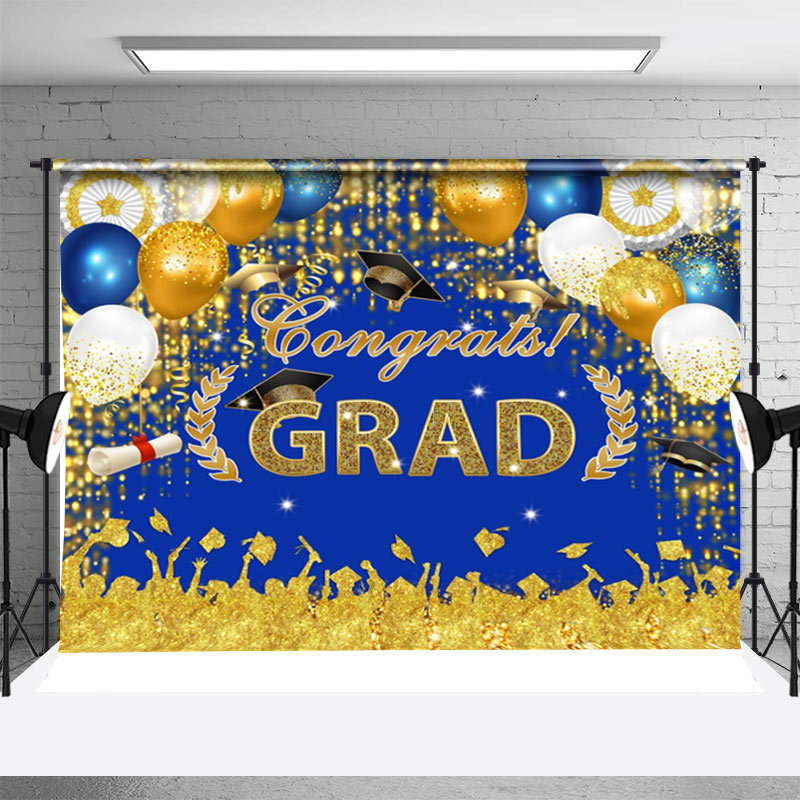 Aperturee - Gold Shadow Blue Sparkle Balloon Graduation Backdrop