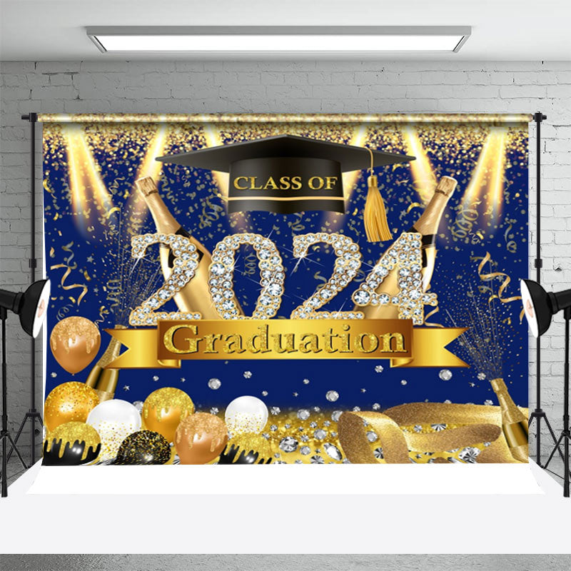 Aperturee - Balloon Diamond Blue Gold Ribbon Graduation Backdrop