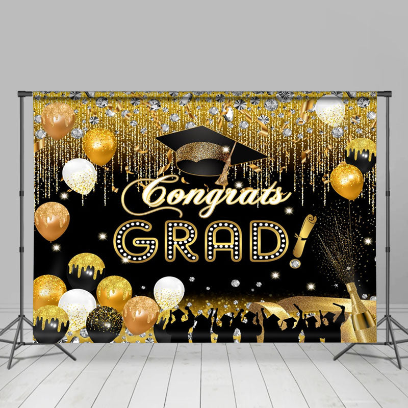 Aperturee - Grad Diamond Balloons Black Gold Graduation Backdrop