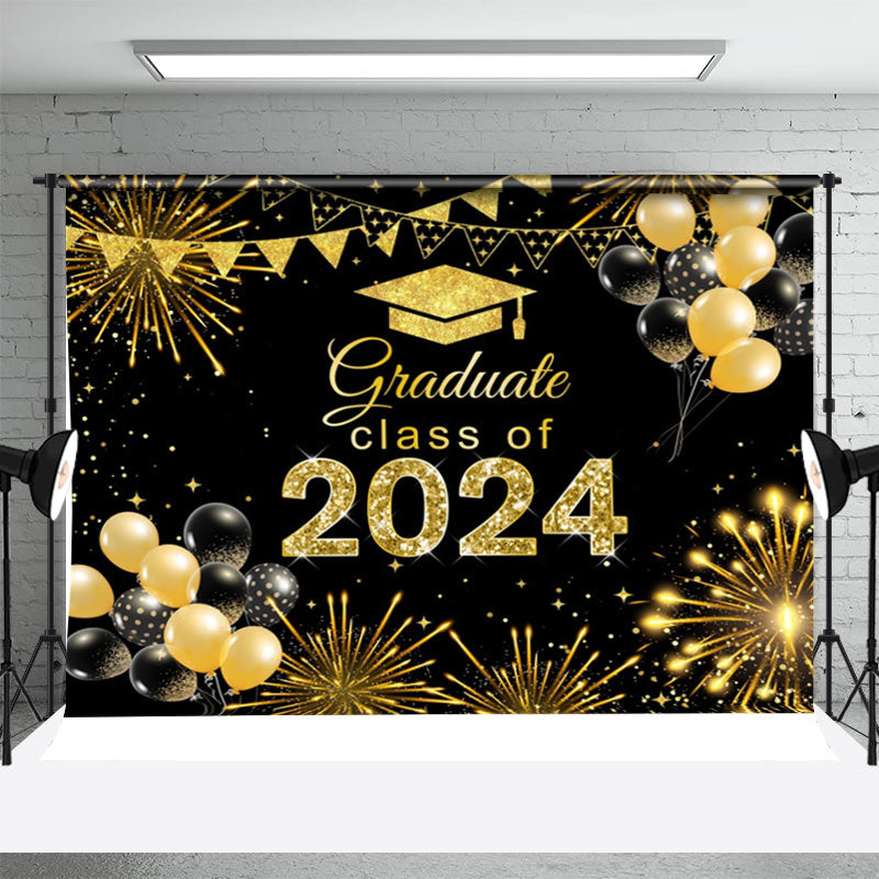 Aperturee - Golden Spark Black Balloon Flags Graduation Backdrop