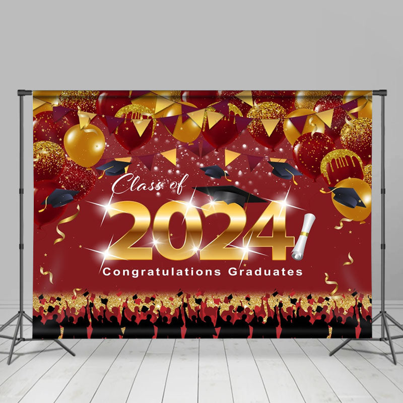 Aperturee - Dark Red Golden Flags Balloons Graduation Backdrop