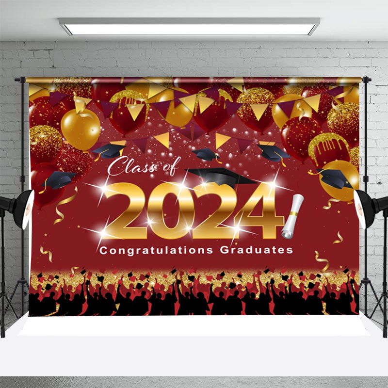 Aperturee - Dark Red Golden Flags Balloons Graduation Backdrop